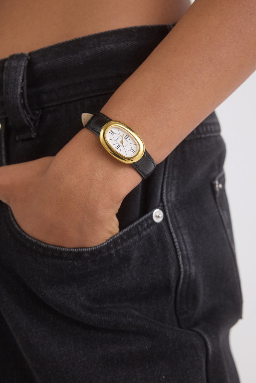 Classic | Black Croc Leather Watch Band | Gold