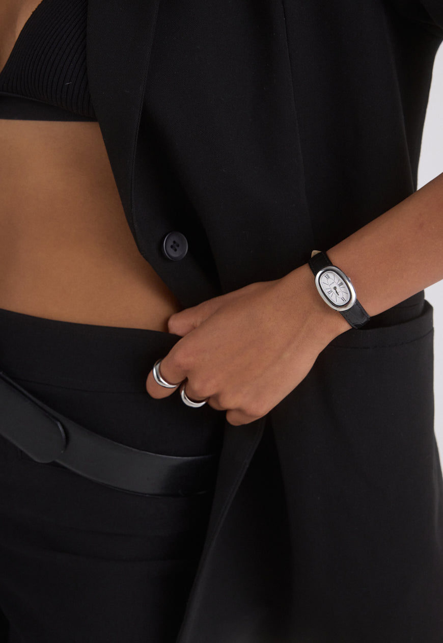 Classic | Black Croc Leather Watch Band | Silver