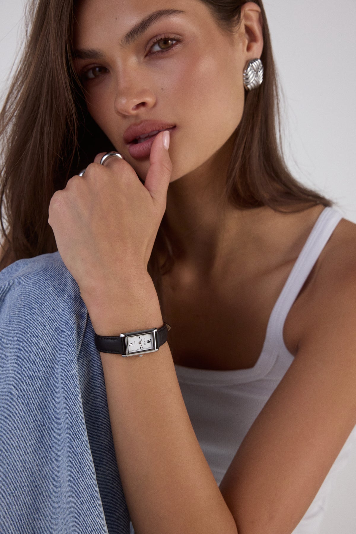 Classic | Black Smooth Leather Watch Band | Silver