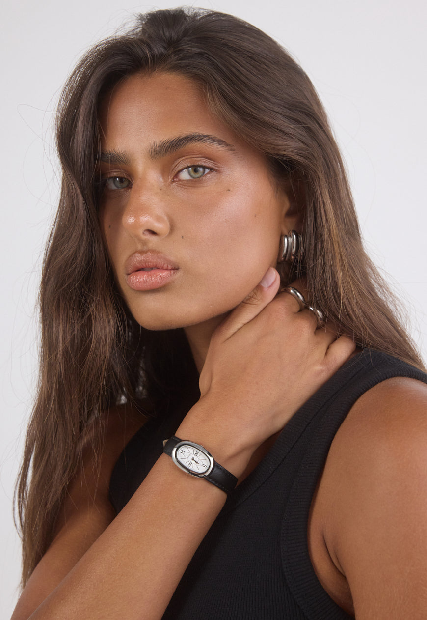 Classic | Black Smooth Leather Watch Band | Silver