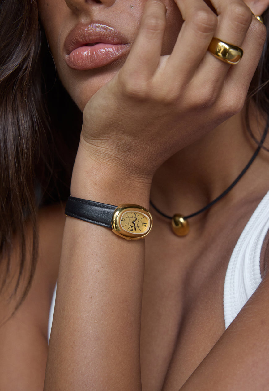 Classic | Black Smooth Leather Watch Band | Gold