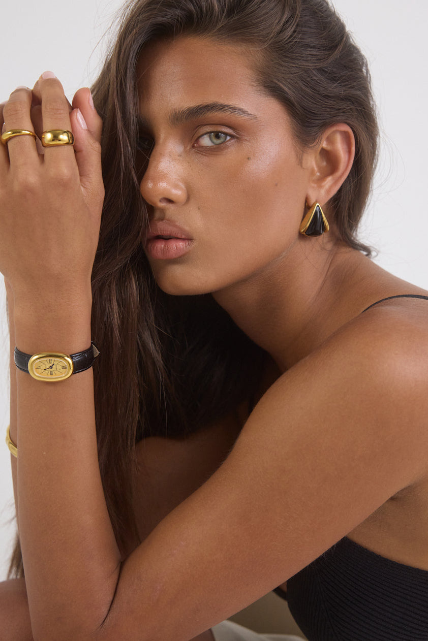 Classic | Black Croc Leather Watch Band | Gold